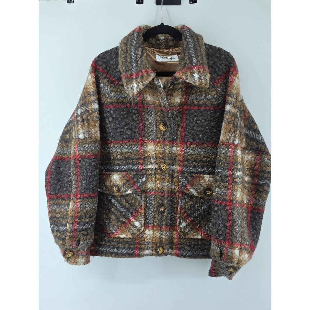 Calvin Klein Faux Fur Plaid Boucle Jacket Brown Red Grey Large L Shacket Coat